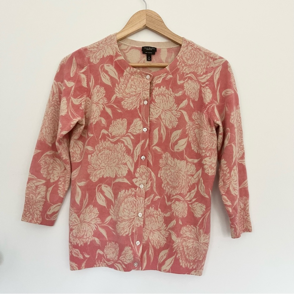Talbots Pure Cashmere Rose Floral Button-Up Cardigan Soft Pink Cream M
